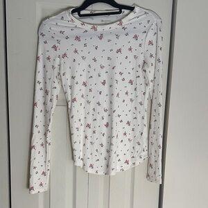 No Boundaries White Long-Sleeve Crewneck Tee with Pink Floral Print